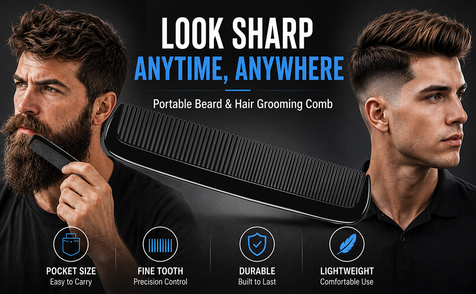 LUXXII Pocket Beard Comb 6 Pack, 5 Inch Fine Tooth Hair Comb for Men, Travel Barber Comb