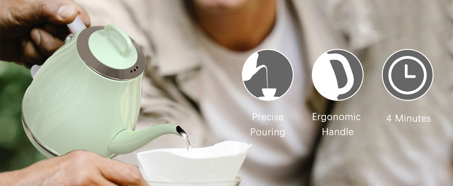 water kettle precise pouring, ergonomic handle, 4 minutes to boil a pot of water