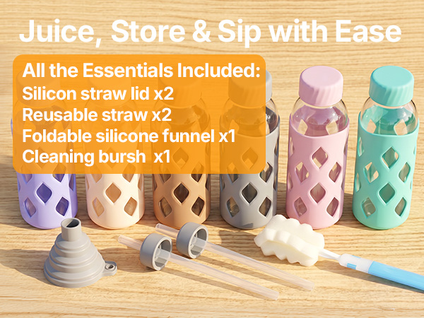 glass juice bottles with lids and straws 16oz, leak proof, bpa free