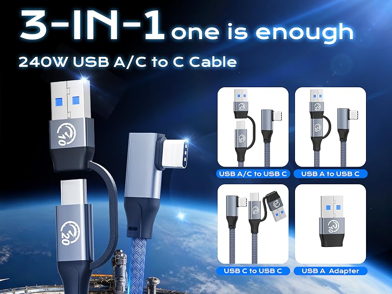 3 in1 240w usb c to usb a cable 100w adapter fast charge