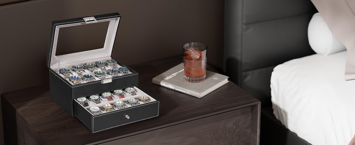 Watch Case, 20-Slot Watch Box for Men, 2-Layer Watch Display Case with Large Glass Lid