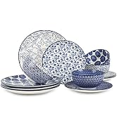 Blue and white porcelain dinnerware set featuring plates, bowls, and cups with various floral and geometric patterns. Set includes different sizes and shapes of dishes.