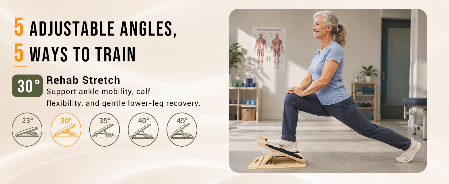 30° slant board for rehab stretch, ankle mobility, and gentle lower-leg recovery.