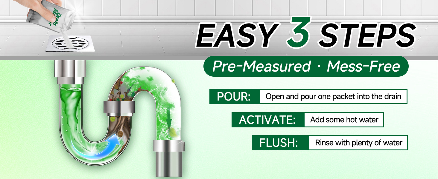 pre-meashred & mess-free, easy 3 steps: pour one packet into the drain, add hot water, flush washer