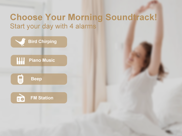 Soothing alarm sounds for gentle wake-up