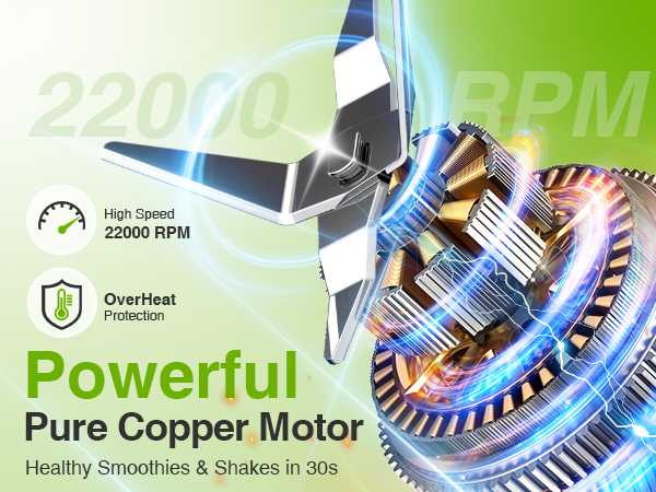Powerful 22000 RPM pure copper motor blender, blends frozen ingredients effortlessly
