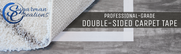 Carpet with white tape beneath; text reads, “Professional-Grade Double-Sided Carpet Tape.”