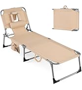 Goplus Tanning Chair, Folding Adjustable Patio Lounge Chair with Face Hole, Removable Pillow, 330...