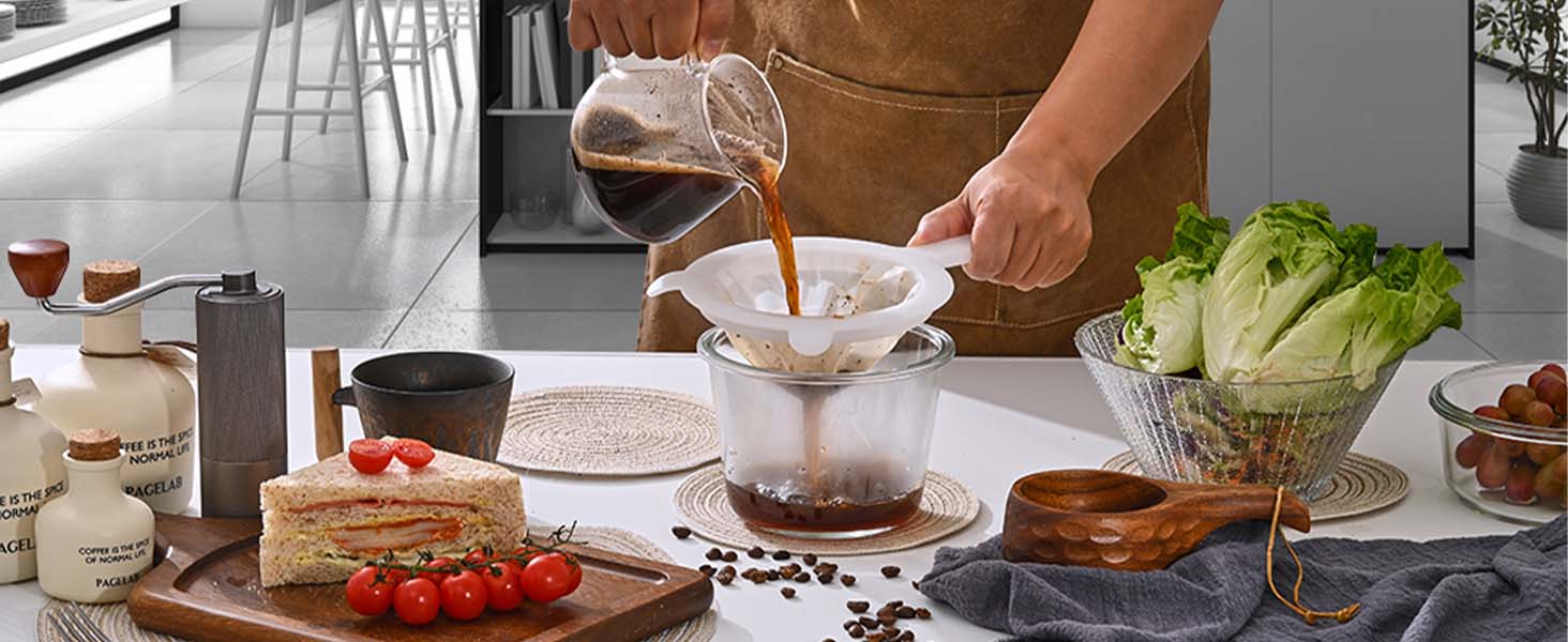 Coffee in the morning, woman brews coffee and drinks it, sandwich and coffee for breakfast