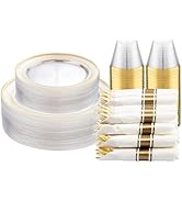 DaYammi 210PCS Clear Gold Plastic Dinnerware Set for 30 Guests, Fancy Disposable Plates for Party...