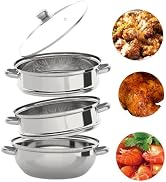 KeruRome 12.8 Inch 3-Tier Stainless Steel Silver Steamer Pot with Glass Lid