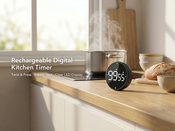 Text reads 'Kitchen Timer'. Multiple views of a digital timer device shown in kitchen settings with bread and cooking scenes.