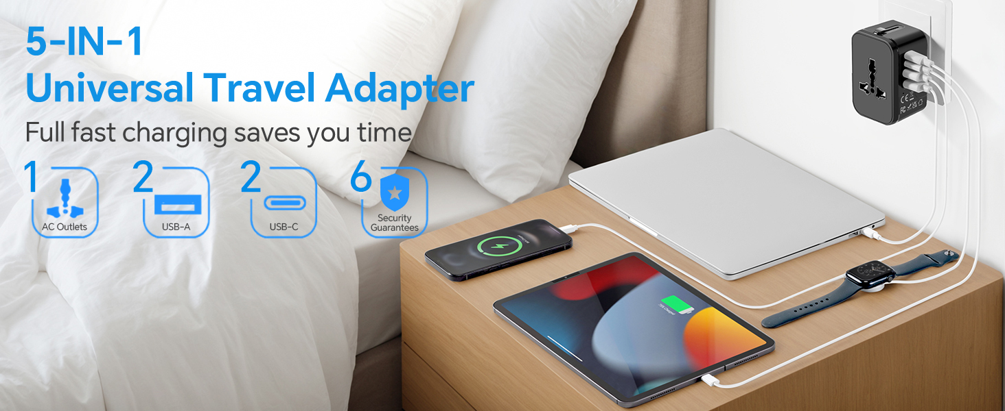 Travel adapter universal PD20W QC3.0 18W USB A USB C charging ports