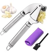 Garlic Press Mincer, 304 Stainless Steel Garlic Press with Garlic Peeler Tube, Heavy Duty Metal G...