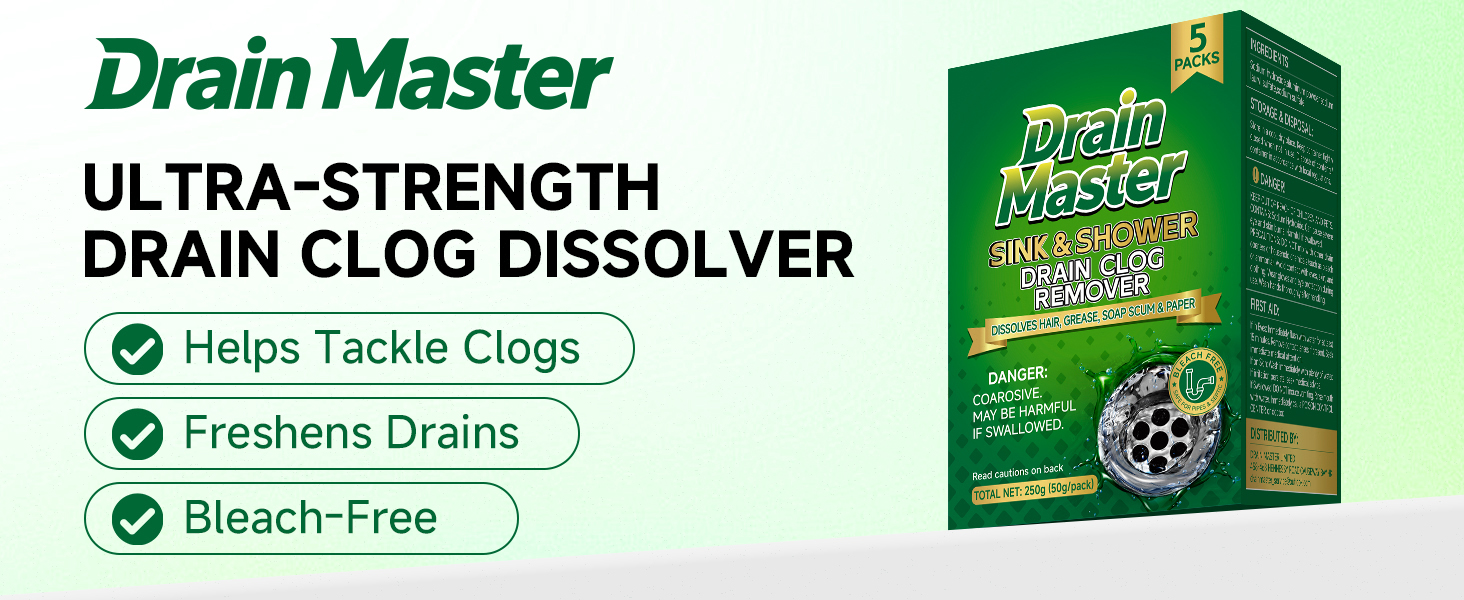 Drain Master, ultra-strengh drain clog dissolver, helps trckle clogs, freshens drains, bleach-free