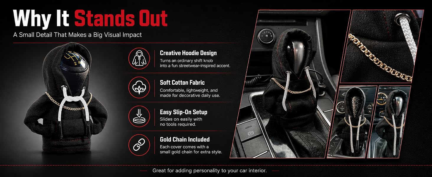 Mini hoodie shift knob cover highlights: hoodie design, cotton fabric, easy setup, and chain.