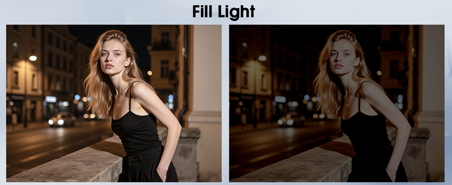 Text reads 'Fill Light'. Side-by-side comparison showing same nighttime urban photography scene, with left image normal exposure and right image appearing darker.