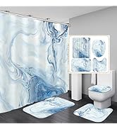 Nkzply 4 Pcs Blue Shower Curtain White Bathroom Sets with Shower Curtain and Rugs Marble Shower C...