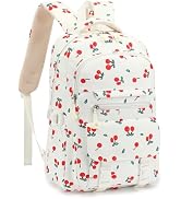 RTGNEI Kids High Middle School Backpack for Girls 5-12 Kawaii Travel Cherry Bookbag,Beige Cherry
