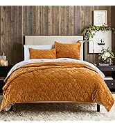 Luxury Velvet Quilt Set Queen Size Caramel Gold Velvet Comforter Set 3 Pieces Soft Warm Bedding S...