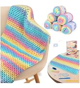Aeelike Crochet Blanket Kit for Beginners,Rainbow Granny Square,Easy Start | 5-Ply Ombre Cake Yar...