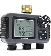 Insoma 3-Zone Sprinkler Timer with Brass Inlet + IPX5 Waterproof | Programmable Auto/Manual Irrig...