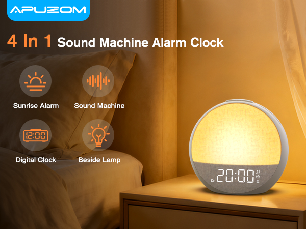 sunrise alarm clock with sound machine sitting on nightstand in bedroom
