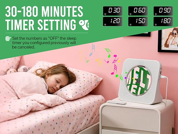 CD player with sleep timer in kids bedroom, 30 to 180 minute auto shut-off for bedtime