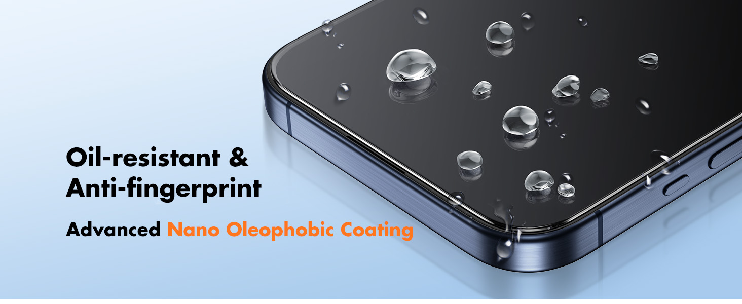 Close-up of smartphone corner showing water droplets on black surface, demonstrating oil-resistant and anti-fingerprint coating technology