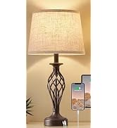 Ruiever Touch Table Lamps Set of 2, nightstand lamp with USB Ports (Brown Body+Beige Shade)