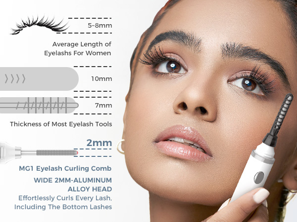 Eyelash curler with measurement details. Close-up of a woman's face showing curled eyelashes and applied mascara.