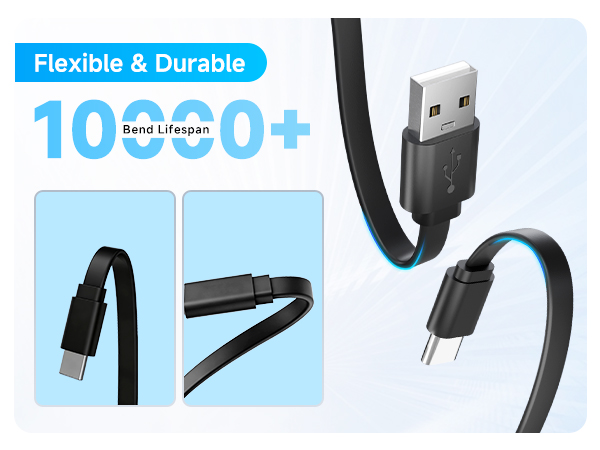 Text reads 'Flexible & Durable 10000+'. Product images showing black USB charging cable in bent positions demonstrating flexibility.