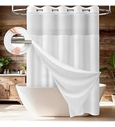 BTTN White Ringless Shower Curtain Set, 3 in 1 Linen Textured Fabric Shower Curtain with Snap in ...