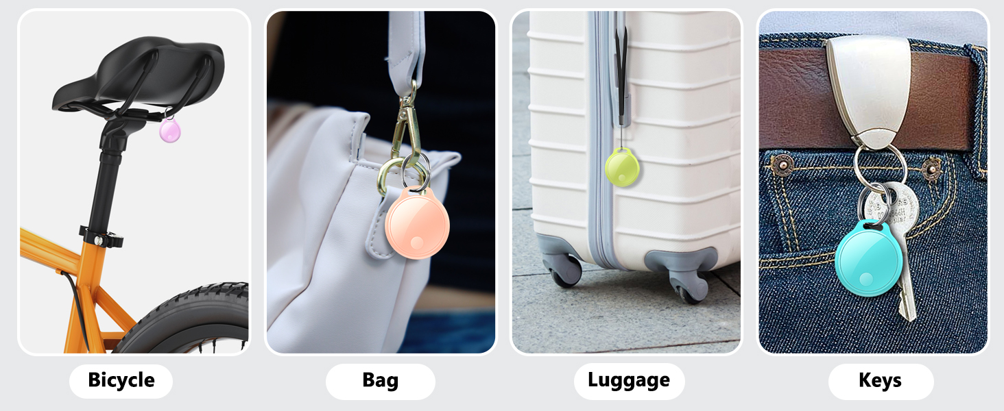 Usage diagram showing icons labeled 'Bicycle', 'Bag', 'Luggage', and 'Keys' with product applications in various scenarios.