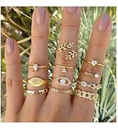 Edary Boho Evil Eye Knuckle Rings Gold Leaf Stacking Ring Set Rhinestone Finger Mid Rings Set for...