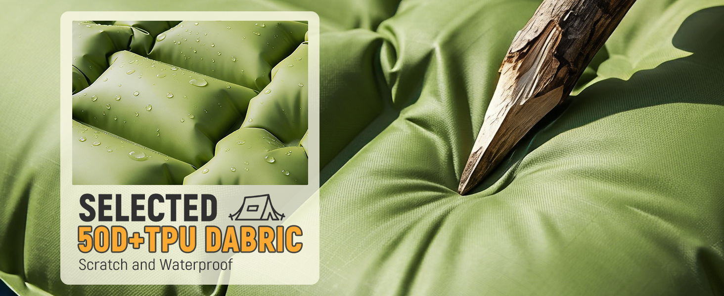 50D camping air mattress, high-strength nylon, TPU sealant, puncture-proof, extreme durability.
