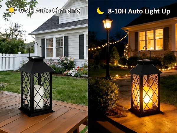 Text reads 'B-10H Auto Light Up'. Outdoor lantern lighting fixtures shown in daylight and illuminated at night, mounted on posts or pedestals.