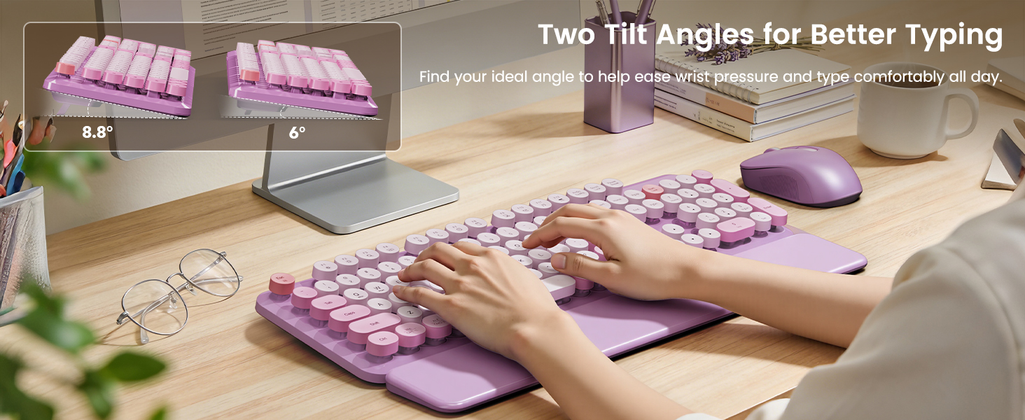 Two adjustable tilt angles (6° and 8.8°) help reduce wrist strain and improve typing comfort.