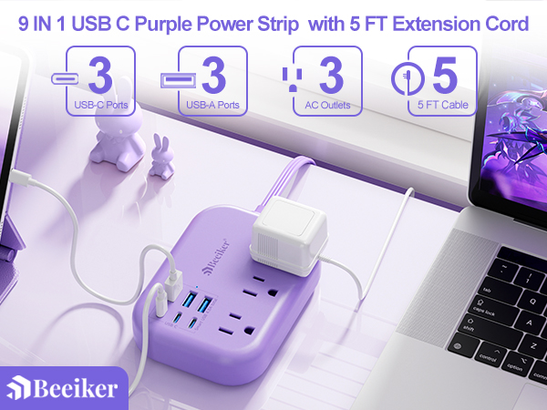 6 USB(3 USB C) Purple Travel Power Strip- 5Ft Purple Extension Cord 3 Outlets