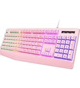 Pink Creamy Keyboard, Rainbow LED Backlit, 104 Keys Silent Light Up Gaming Keyboard with Wrist Re...