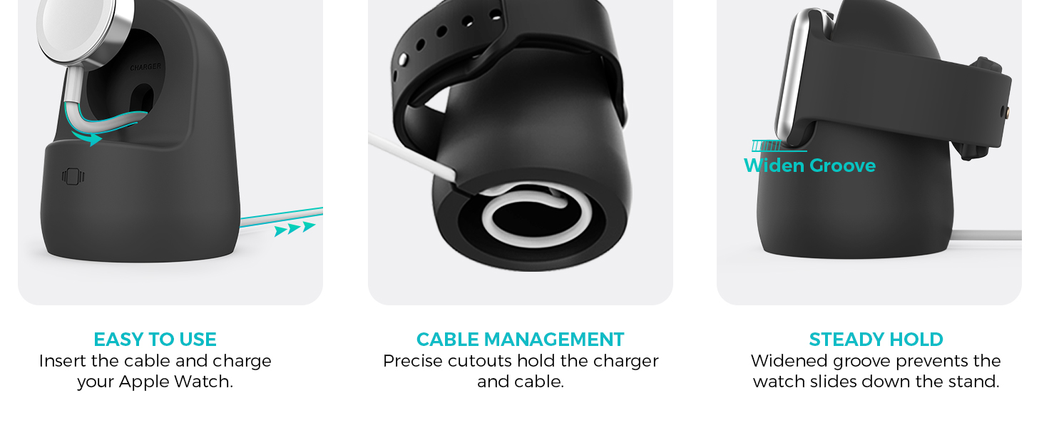 Black wireless earbud case with cable management features. Three views show easy charging, cable storage, and steady grip design.