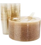 WELLIFE 50 PCS Gold Glitter Salad Plates with 50 PCS Plastic Forks and 50 PCS Gold Glitter Dispos...
