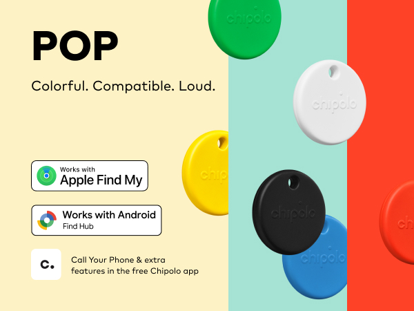 Text reads 'POP', 'Colorful. Compatible. Loud.', 'Works with Apple Find My', 'Works with Android'. Colorful promotional image with circular patterns and product compatibility logos.
