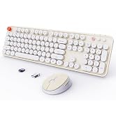 Wireless Keyboard and Mouse Combo, Ergonomic Full Size Typewriter Retro Round Keycaps Keyboard, C...
