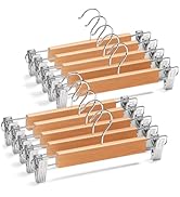 10 PACK Wooden Skirt Hangers with Clips - Smooth Finish Solid Wood Pants Hangers with clips - Nat...