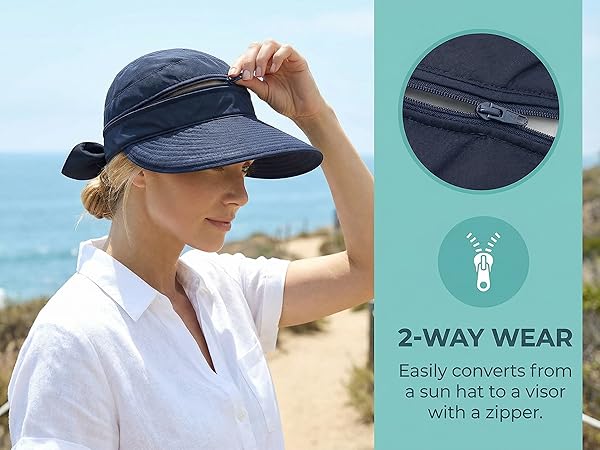 2-WAY WEAR Easily converts from a sun hat to a visor with a zipper.