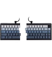 Mechanical keyboard split into two separate halves, featuring dark blue keycaps and a compact layout design.