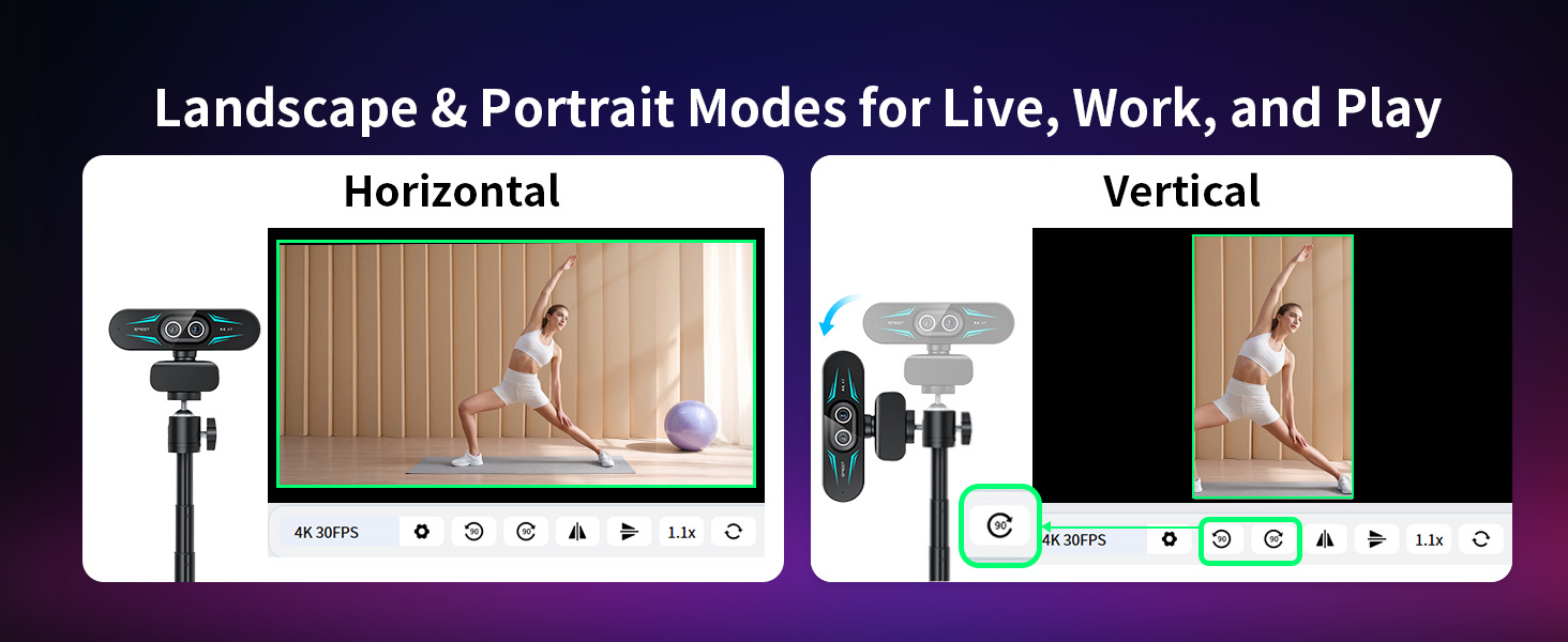 Landscape and Portrait Modes EMEET C60E Dual-Camera 4K Webcam for Streaming