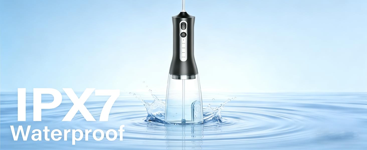 Text reads 'IPX7 Waterproof'. Blue water droplet background with text overlay demonstrating waterproof rating certification.