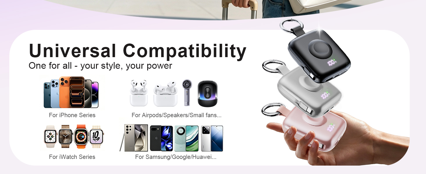 W9 portable charger with built-in cable and wireless iWatch charger